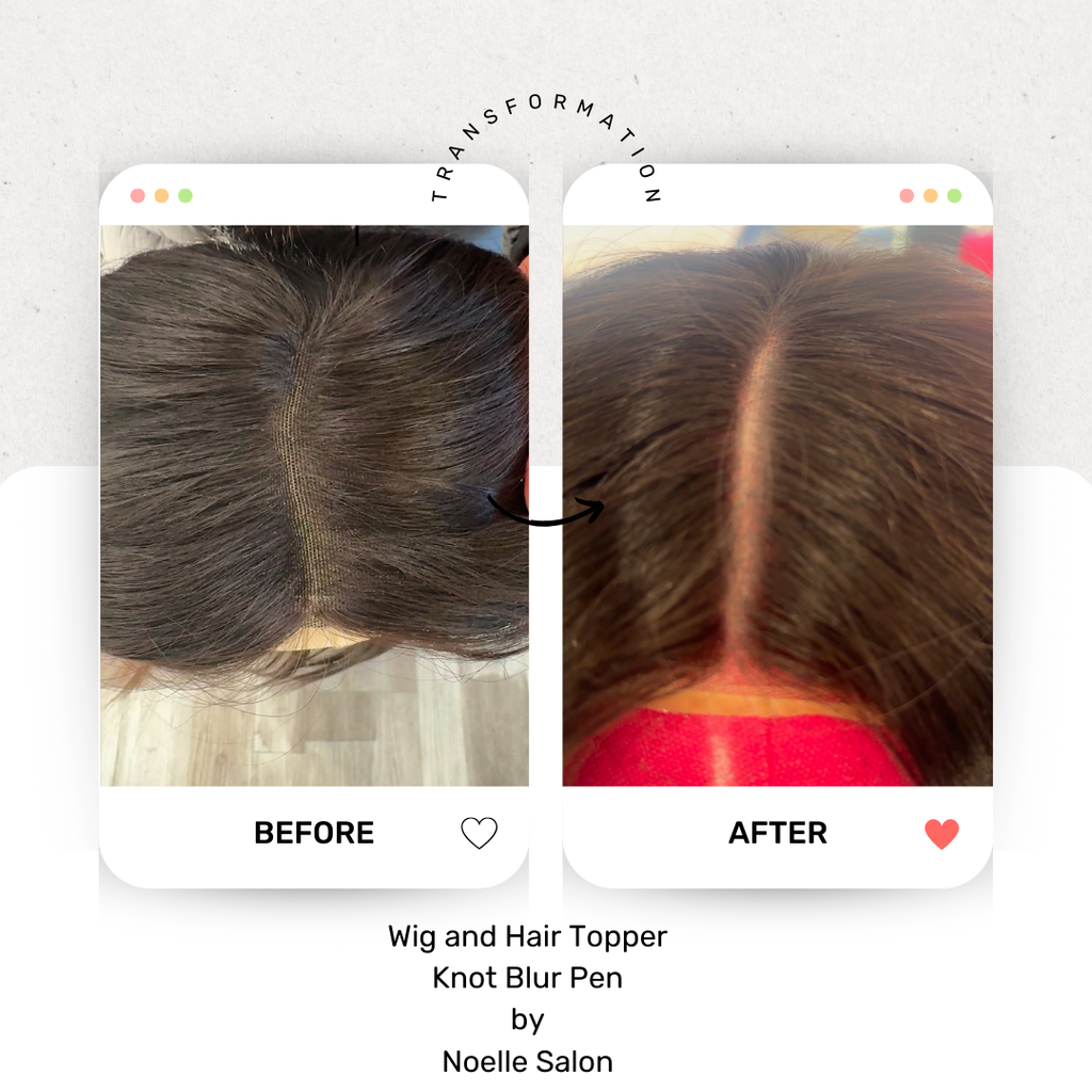 Before and after of a hair topper with a wig knot blur pen